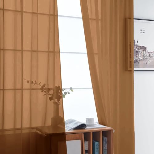 Basic Rod Pocket Sheer Voile Window Curtain Panels Light Brown 1 Pair 2 Panels 52 Width 90 Inch Long for Kitchen Bedroom Children Living Room Yard（Light Brown (Light Brown / 52"W x 90"L (Pack of 2))