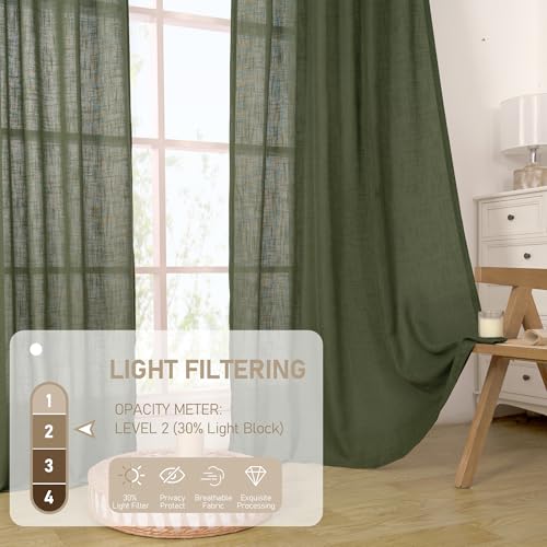 Olive Green Linen Semi Sheer Curtains 63 Inch for Bedroom 2 Panels (Olive Green / 38"W x 63"L (Pack of 2))
