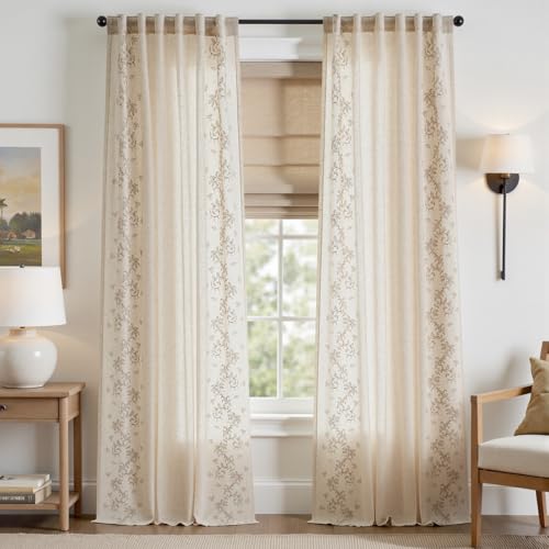 Floral Linen Curtains 96 Inch Farmhouse Back Tab 2 Panels (Vine | Beige / 50"W x 96"L (Pack of 2))