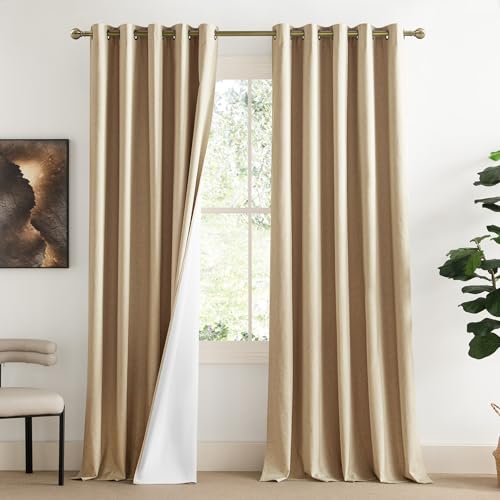 100% Blackout Camel Linen Curtains 108 inches Length with Thermal Insulated Liners (62"W x 108"L (Pack of 2) / Camel)