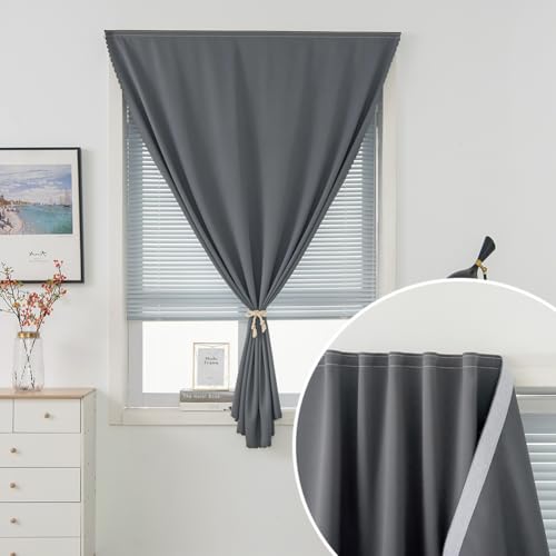 Magic Tape Stick On Curtains Window Shades Pull Down Blackout Window Cover Blackout Curtains for Bedroom No Drillng Self Adhesive Curtains No Rod Small Curtain (59"W x 59"L (Pack of 1) / Grey)