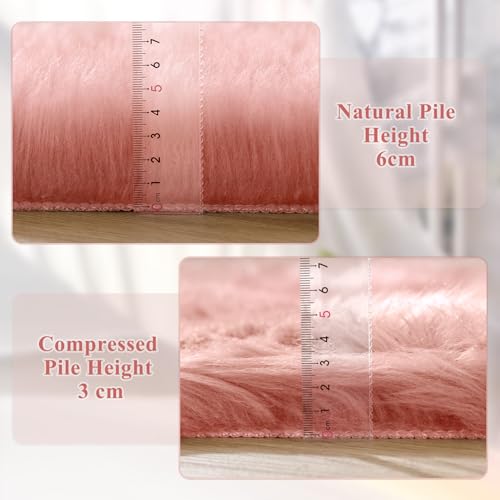 Pink Washable Fluffy Round Rugs for Bedroom Girls Shag Faux Sheepskin Fuzzy Fur Rugs for Living Room Circle Area Rug for Kids Round Rug 5ft (5' (Round) / Pink)