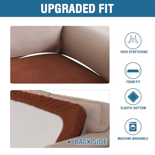 Velvet Stretch Individual Couch Cushion Cover Plush Slipcover for Loveseat Sofa Furniture Protector Seat Cover (Rust / 1 Cushion Loveseat)