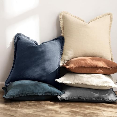 Boho Linen Fringe Decorative Throw Pillow Covers Indigo Blue 20x20 (20" x 20" (Pack of 2) / Indigo Blue)