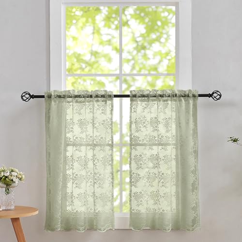 Vintage Lace Curtains 36 Inch Length (Sage Green / 26"W x 36"L (Pack of 2))