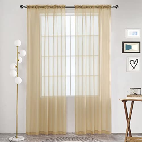 Sheer Voile Window Treatment Rod Pocket Curtain Panels for Kitchen Bedroom Living Room Drapes Sunlight Filtering Privacy Semi Home Decor Assorted (Beige / 52"W x 72"L (Pack of 2))