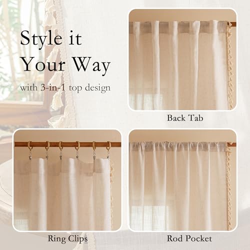 90 Inch Boho Cream Semi Sheer Curtains Light Filtering Back Tab Drapes for Living Room Sliding Door & Patio Privacy Protect Farmhouse Country Decor (Z-natrual / 50"W x 90"L (Pack of 2))