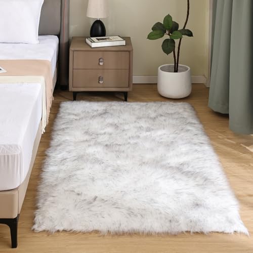White and Grey Faux Fur Rug 3x5 Area Washable Fluffy Rugs for Bedroom Living Room Rugs for Sofa Cushion Pet Mats Luxury Home Decor (3' x 5' (Rectangular) / White With Grey Tips)