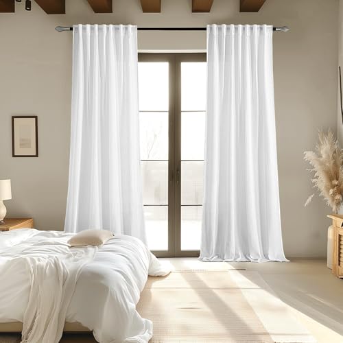 White Linen Curtains 96 Inches Long 2 Panels for Bedroom Living Room (52"W x 96"L (Pack of 2) / White)