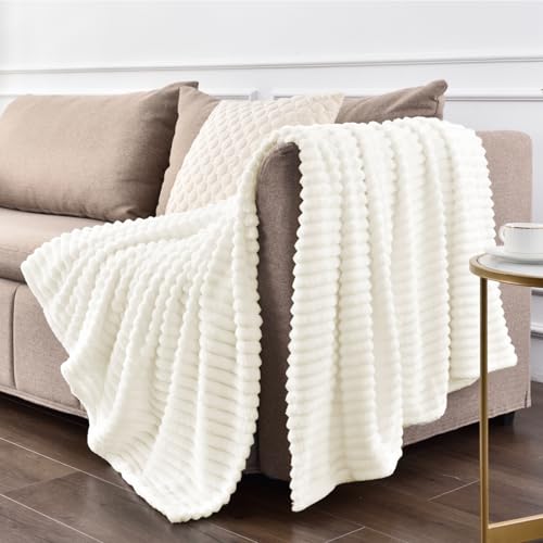 3D Ribbed Jacquard Cream Fleece Twin Blanket for Couch (Cream / Twin(60"x80"))