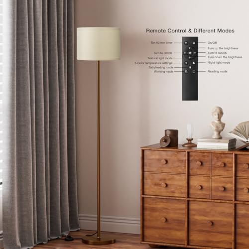 Floor Lamps for Living Room with Remote Control and Stepless Dimmable Colors Temperature & Brightness (Beige Shade Brown Pole Remote / 60 Inches (With Bulb))