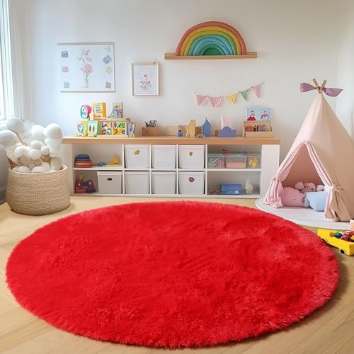 Red Fluffy Round Rug Circle Area Rugs 4ft for Kids Girls Boys Teen Bedroom (Red / 4' (Round))