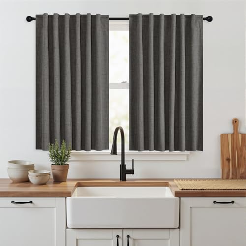 Grey 100% Blackout Short Curtains 45 Inch Long for Cafe Kitchen (Grey / 52"W x 45"L (Pack of 2))