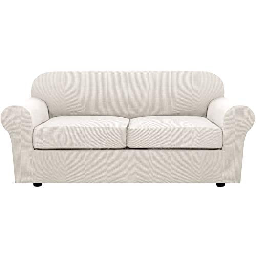 3 Piece Stretch Sofa Covers for 2 Cushion Sofa Couch Covers for Living Room Sofa Slipcovers (Medium-XL / Ivory)