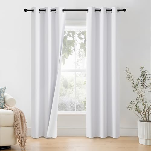 100% Blackout Window Curtain Panels 90 inch Length for Living Room (Snow White / 42"W x 90"L (Pack of 2))
