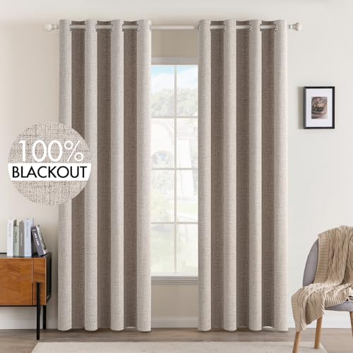100% Blackout Linen Curtains for Bedroom 52x108 Inches Khaki (Khaki / 52"W x 108"L (Pack of 2))