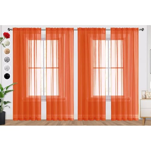 Burnt Orange Sheer Curtains 4 Panels Rod Pocket Semi (Burnt Orange / 52"W x 72"L (Pack of 4))