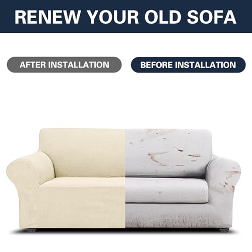 2026 New Stretch Oversized Sofa Slipcovers Couch Sofa Cover for 4 Seater Furniture Protector Covers with Elastic Bottom Jacquard Fabric Small Checks for Pets (Beige / Oversized Sofa)