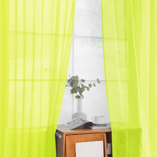 Solid Sheer Rod Pocket Curtain Voile Draperies 2 Panels White Beige Black Grey Ivory 52 Inch Width 96 Inch Long 1 Pair for Kitchen Bedroom Children Living Room Yard (Chartreuse / 52"W x 96"L (Pack of 2))
