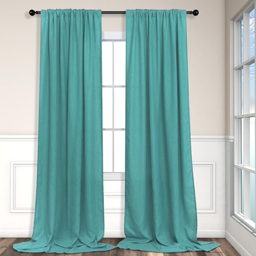 Teal Linen Curtains 84 Inches Long 2 Panels Back Tab Rod Pocket Pleated Semi Sheer Light Filtering Modern Boho Curtains for Bedroom Living Room Dining Room Floor Length Peacock Blue Green Drape (52"W x 84"L (Pack of 2) / Teal)