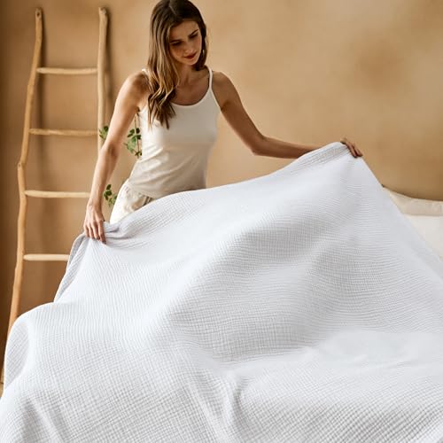 100% Cotton Muslin Blanket Queen Size for Bed (04 - White / Queen (90" X 90"))