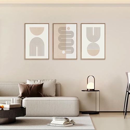 Framed Boho Wall Art Set of 3 (Beige Geometric Line / 24"L x 36"W)