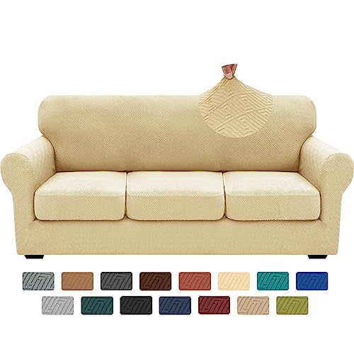 4 Piece Stretch Sofa Cover (71"-91"(3 Cushions) / Beige)