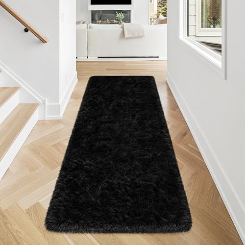 2x5 Bedside Area Rugs for Bedroom Soft Fluffy Shag Black Rug for Hallway Non (Black / 2' x 5' (Runner))
