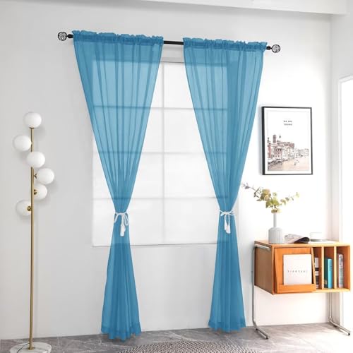 Solid Sheer Rod Pocket Curtain Voile Draperies 2 Panels White Beige Black Grey Ivory 52 Inch Width 72 Inch Long 1 Pair for Kitchen Bedroom Children Living Room Yard (Blue / 52"W x 72"L (Pack of 2))