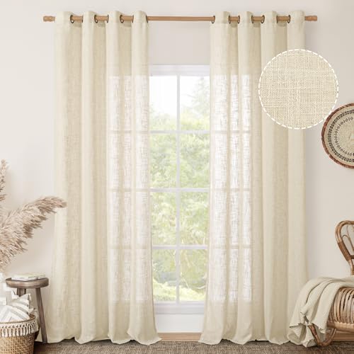 Beige Linen Sheer Curtains 90 inch for Living Room 2 Panels Set (52"W x 90"L (Pack of 2) / Beige)
