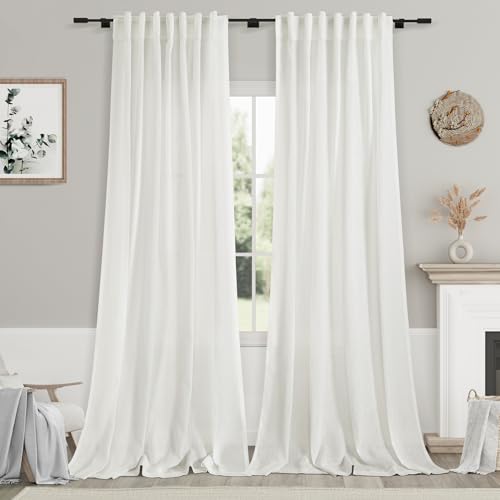Extra Long Ivory Curtains 132 Inch Length 2 Panels Set Back Tab Neutral Farmhouse Drapes Light Filtering Semi Sheer Linen Curtain 132 Inches Long for Floor to Ceiling Window Patio Sliding Door (52"W x 132"L (Pack of 2) / Ivory)