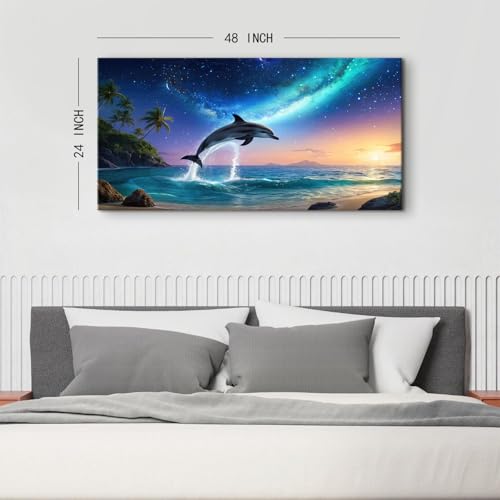 Blue Ocean Wall Art Dolphin Pictures Wall Decor Colorful Galaxy Nebula Starry Canvas Prints Painting Palm Tree Poster Modern Animal Seascape Artwork for Bedroom Living Room Home Decoration 24x48” (48"L x 24"W / Galaxy)