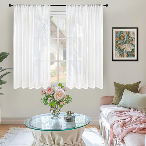 White Linen Curtains 48 Inch Length for Short Window (White / 42"W x 48"L (Pack of 2))