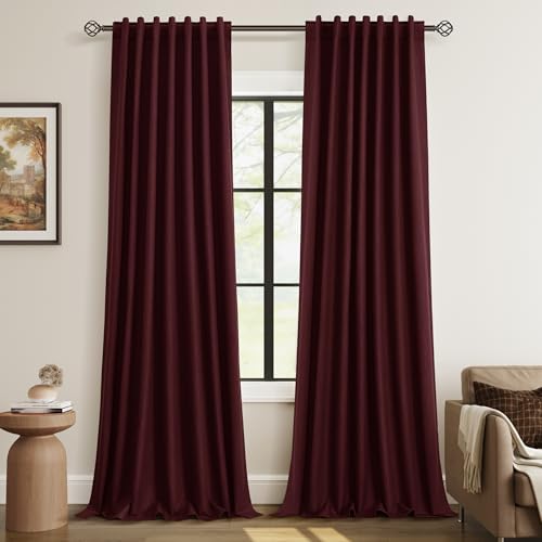 100% Blackout Curtains 108 Inch Length 2 Panels Set for Living Room Bedroom Back Tab Thermal Insulated Black Out Linen Drapes Room Darkening Window Curtains 108 Inches Long (Burgundy / 52"W x 108"L (Pack of 2))