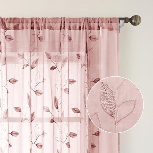 Blush Pink Kitchen Curtains Leaf Embroidered (52"W x 54"L (Pack of 2) / Blush Pink)