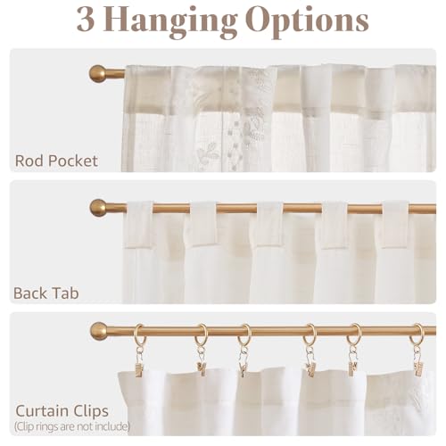 White Floral Linen Kitchen Tier Curtains 24 Inch (A| Off White / 26"W x 24"L (Pack of 2))