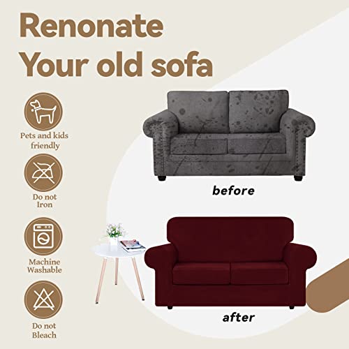 Velvet Stretch 3 Pieces Couch Cover for Sofa Washable (Medium / Burgundy)
