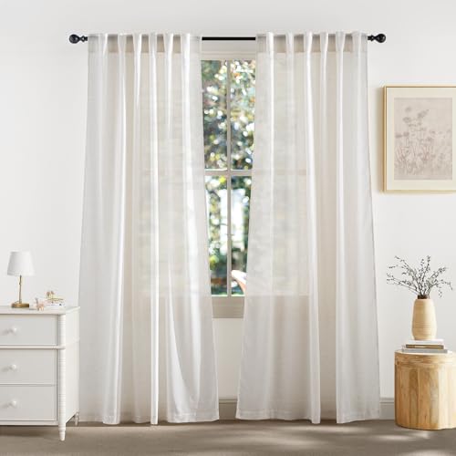 Linen Semi Sheer Curtains for Bedroom Living Room 95 inches Long (Ivory / 52"W x 95"L (Pack of 2))