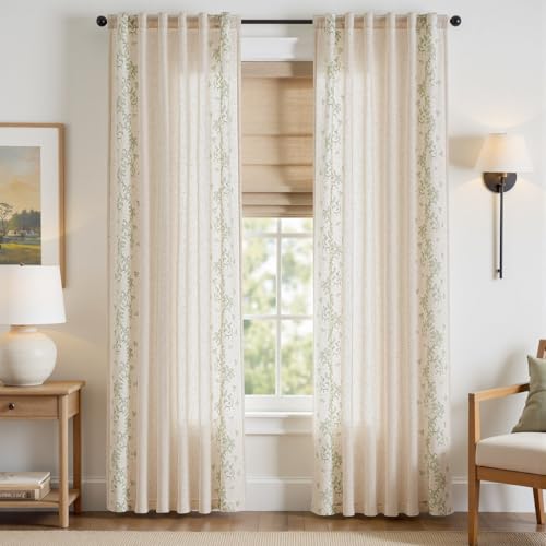 Floral Linen Curtains 84 Inch Farmhouse Back Tab 2 Panels (Vine | Sage / 50"W x 84"L (Pack of 2))