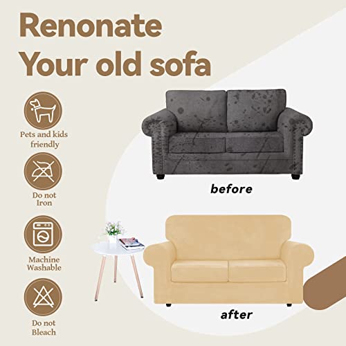 Velvet Stretch 3 Pieces Couch Cover for Sofa Washable (Medium / Champagne)