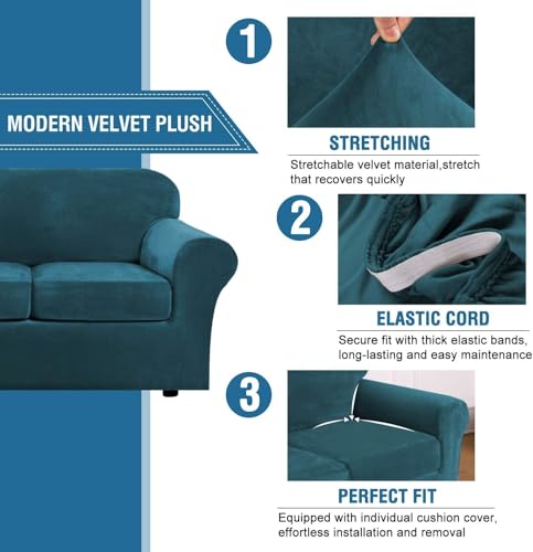 High Stretch Sofa Slipcover 4 Piece Cover Velvet Furniture Protector Form Fit Thick Velvet Extra Large Sofa Cover for 3 Cushion Couch Width Up to 97 Inch (3 Cushion Large Sofa / Deep Teal)