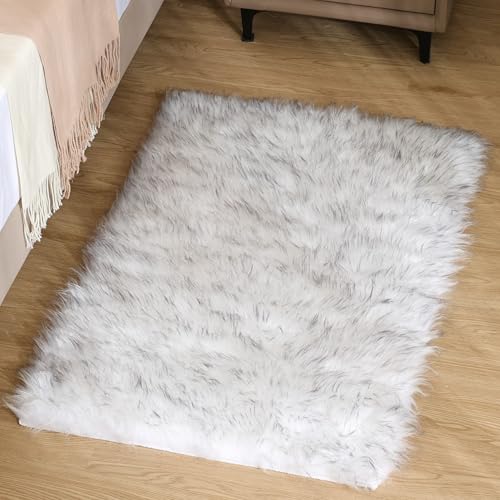 Faux Sheepskin Fur Rug Fluffy Fuzzy Furry Rug for Bedroom Dorm 2x3 Bedside White with Grey Tips Living Room Decor Small Plush Carpet Shaggy Washable Rectangle (2' x 3' (Rectangular) / White and Grey Tips)