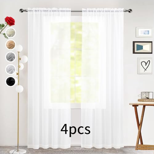Sheer White Curtains 4 Panels Rod Pocket Semi (White / 52"W x 96"L (Pack of 4))