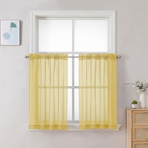 Mustard Yellow Short Sheer Curtains 30 inch Length (Yellow / 42"W x 30"L (Pack of 2))