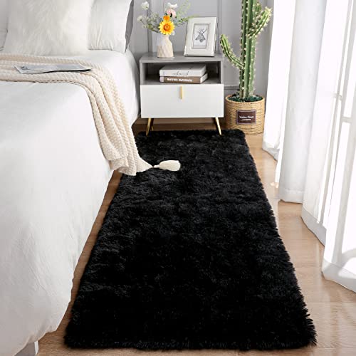 Soft Runner Rugs for Bedroom Living Room Plush Fluffy Rug 2x7 (Black / 2' x 7' (Runner))