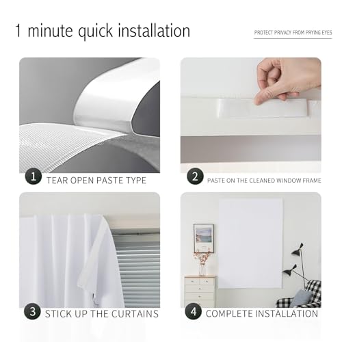 self Adhesive Curtains Portable Blackout Curtain Simple and Easy to Install Bedroom Window Thermal Lnsulated Kitchen Room Darkening Black Small Drapes (47"W x 59"L (Pack of 1) / White)