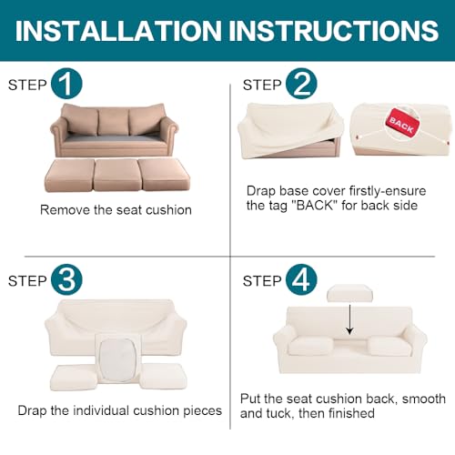 4 Piece Sofa Covers for 3 Cushion Couch Sofa Slipcover Soft Couch Cover for Dogs Washable Furniture Cover with 3 Individual Large Cushion Covers Feature Fabric (L Sofa (3 Cushion) / Cream)