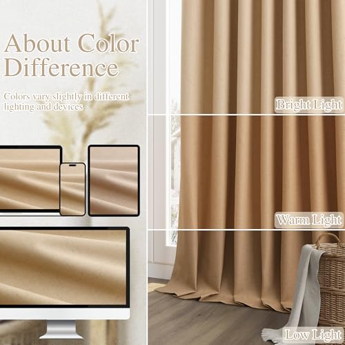 Camel Brown 100% Blackout Linen Curtains 102 Inch Length 2 Panels Set for Living Room Back Tab Thermal Insulated Black Out Drapes Room Darkening Farmhouse Style for Bedroom Window Curtains (Camel Brown / 52"W x 102"L (Pack of 2))