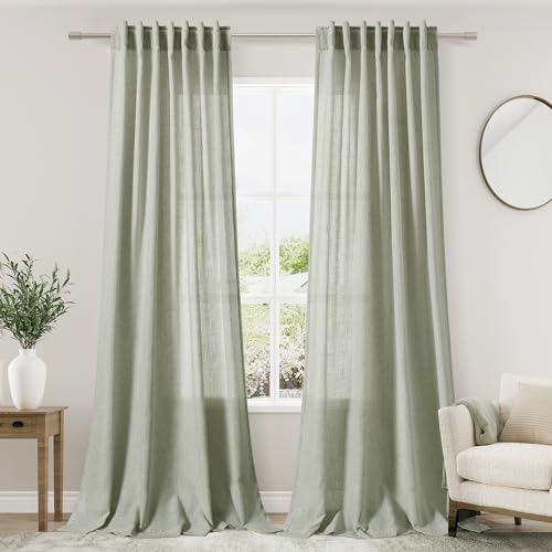 Sage Curtains 94 inches Long 2 panels for Living Room Back Tab Rod Pocket Semi Sheer Linen Draperies Muted Neutral Sage Green Room Decor Earth Tone Pale Green Curtain for Diningroom Bedroom Office (52"W x 94"L (Pack of 2) / Sage Green)