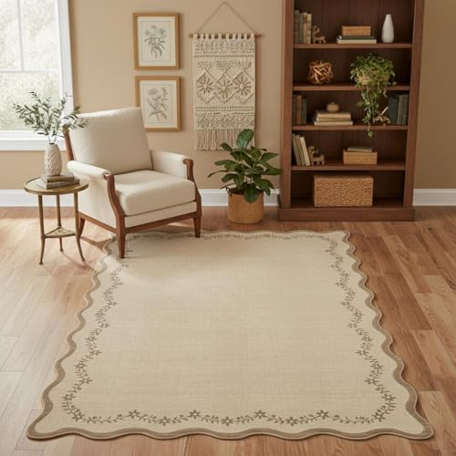 6x9 Scalloped Area Rug Soft Washable Rug for Living Room Bedroom (Jute / 6' x 9' (Rectangular))